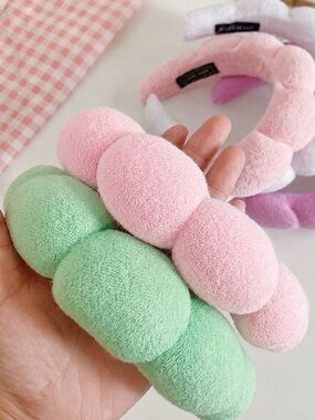 2 Pack Puffy Spa Headbands Pink Mint Green Terry Cloth Skincare Beauty NEW